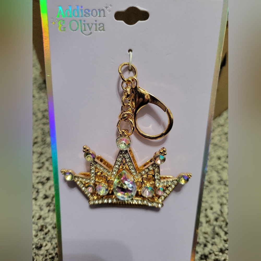 Nwt Gold Tone Crown Keychain Bag Charm with Faux Gems/ Rhinestones.